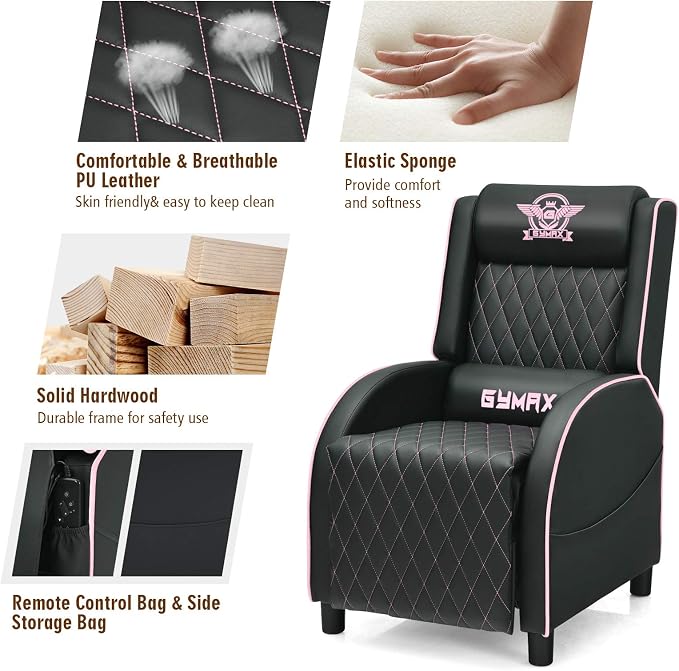 GYMAX Massage Gaming Recliner Chair, Ergonomic Racing Style Single Sofa with Adjustable Headrest, Backrest & Footrest, Home Theater Sofa for Living Room Office (Pink) - Image 7