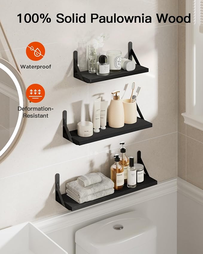 Amada Solid Paulownia Wood Wall Shelves, Medium Size, 6 Pcs, Black - Image 6