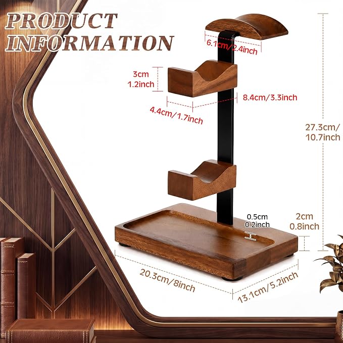 Headphone Stand with Controller Holder, Gaming Headset Stand for Desk, Walnut Headphone Holder Desk Organizer Gaming Accessories Gift for Gamers (Light Walnut) - Image 2