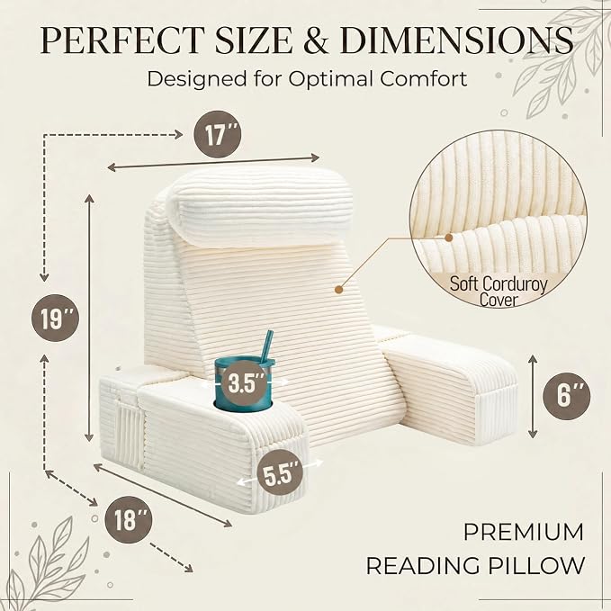 Reading Pillow for Adults, Back Pillow for Bed Sitting Up, Backrest Pillow for Sitting in Bed, Detachable Arms with Built-in Cup & Phone Caddy (Beige-Corduroy, 19 INCH) - Image 6