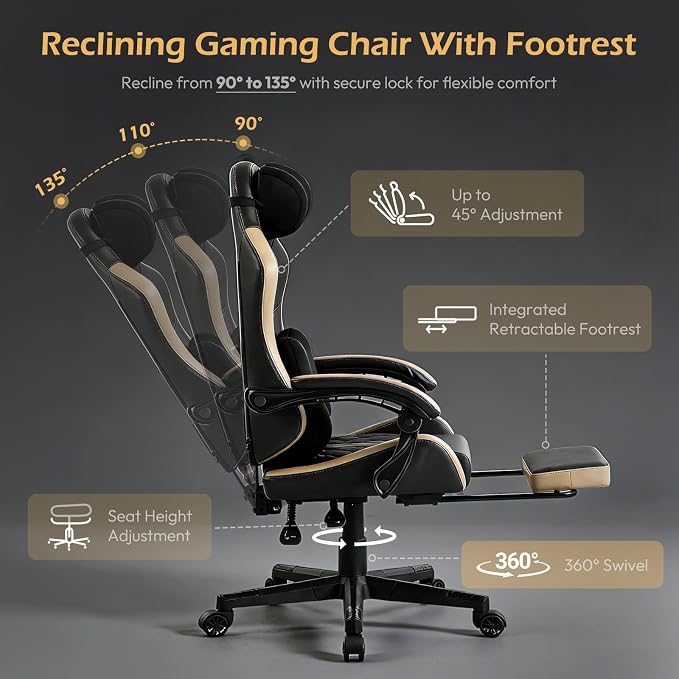 Ergonomic Gaming Chair for Adults with Footrest - PU Leather Computer Gamer Chair with Memory Foam Headrest & Lumbar Pillow, Reclining Silla Gamer Video Game Chair for Home Office, Black & Yellow - Image 4