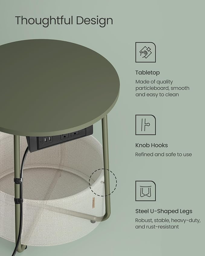 VASAGLE Side Table with Charging Station,Fabric Basket, Round End Table - Image 7