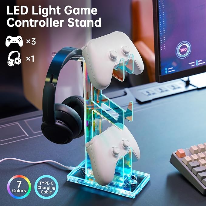 NiHome Controller Holder & Headphone Stand, LED Acrylic 3-Tier Gaming Desk | USB-Powered 7 Colors 3 Modes, Anti-Slip Headset Cable Management, Gamer Gift For PS5 Xbox - Image 2