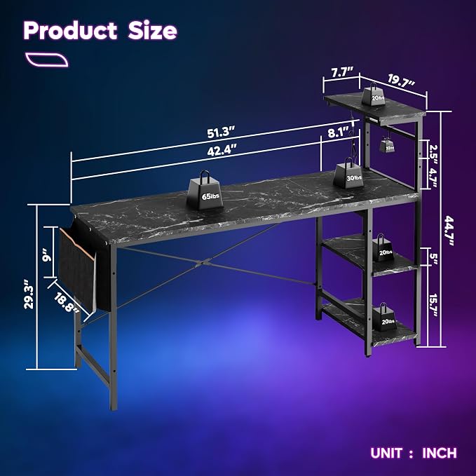Bestier Gaming Desk with LED Lights, 51.3 Inch Computer Desk with 4 Tiers Reversible Shelves, Gamer Desk with Side Storage Bag, Hooks and Height Adjustable Shelf (Black Marble) - Image 2