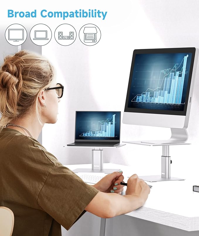 BoYata Monitor Stand, Adjustable Height Metal Desktop Riser, Silver | Height-Adjustable Metal Riser with Open Storage Space Underneath for Monitors, Laptops, iMacs, PCs and TVs - Image 3