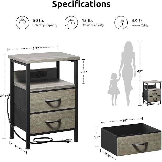 Lazzanto Night Stand with Charger Station, 2 Fabric Drawers, Grey - Image 3