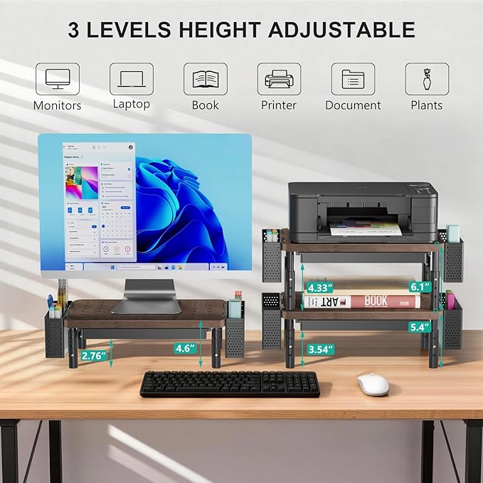 WALI Computer Monitor Stand with Storage and Pen Holder | 3 Height Adjustable Desk Organizer with Drawer, Desk Laptop Monitor Riser for Computer, Printer(PTT003-C), 1 Pack, Brown - Image 3