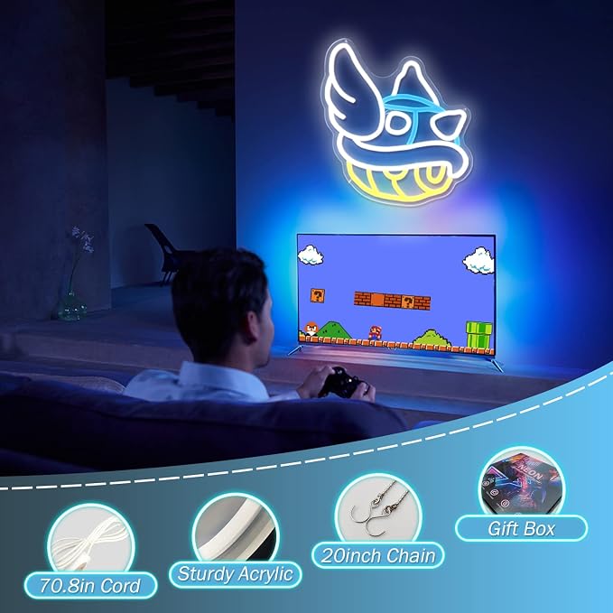 Blue Shell Neon Sign Gaming Neon Sign from Game Room Decor Dimmable Blue Shell Neon Game Decor Lights up Sign for Kids Man Cave Wall Gamer Gifts for Boys Kids - Image 3