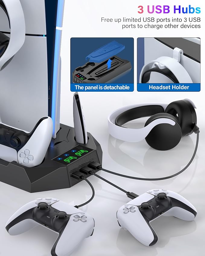 PS5/PS5 Slim/PS5 Pro Stand and Cooling Station with Dual Controller Charging Station for PlayStation 5 Console, PS5 Accessories Incl. Controller Charger, Cooling Fan, Headset Holder, 3 USB Hub, Black - Image 5