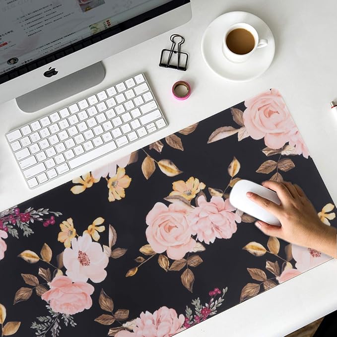 iCasso Extended Gaming Mouse Pad,XXL Desk Pad,Peony | Non-Slip Rubber Base Mousepad with Stitched Edges,Waterproof Keyboard Mouse Mat Desk Pad for Work Home Office - Image 6