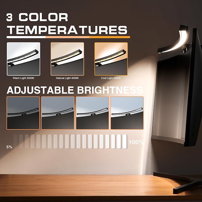 Curved Monitor Light Bar with RGB Backlight, 3 Color Temperature and Stepless Dimming, Music Sync LED Screen Strip with Touch Control Buttons for Computer Screens - Image 2