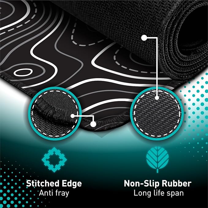 Pixiecube Minimalist Topographic Map Mouse Pad - Contour Extended Large Stitch Edge Mousepad. Black & White Non-Slip XXL Gaming Desk Mat - Image 2