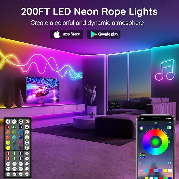 AILBTON 200Ft Neon Rope Lights,Flexible Led Rope Lights Control with App/Remote,Multiple Modes Music Sync Gaming RGB Led Neon Lights for Bedroom Outdoor - Image 2