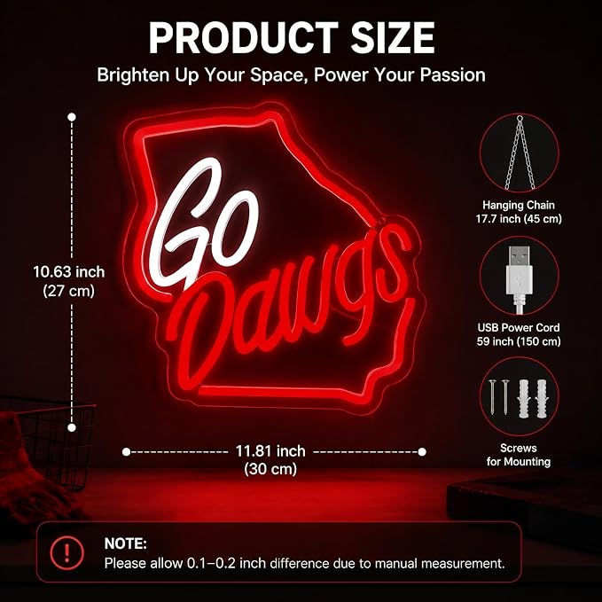 Go Dawgs Neon Sign, Red and White Georgia State Map Shaped LED Light Up Sign for Wall Decor, College Football Game Day Neon Light for Man Cave Sports Bar Room, Fans Spirit Gifts with Switch - Image 5