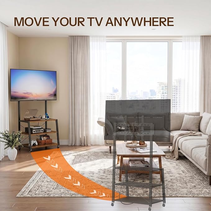 HOOBRO Rolling TV Stand with Mount and Power Outlet Up to 55 inch TV, Corner Entertainment Center, Small TV Stand with 3-Tier Storage Shelves for Living Room, Bedroom, Rustic Brown and Black BF66UDS01 - Image 4