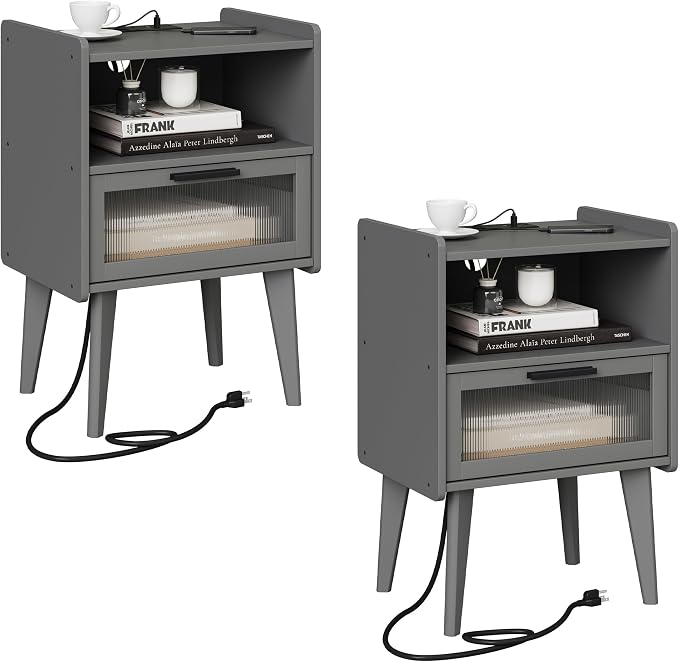 MMEOLUOOK Nightstand with Charging Station, Bedside Tables Set of 2, End Table Side Table with 2 Tiers Storage Space, for Bedroom, Living Room, Grey MLBZ07ZEV-2 by MMEOLUOOK