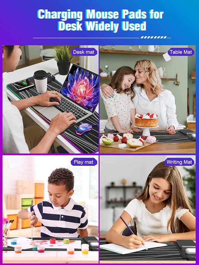 XXL Mouse Pad with Phone Holder - Black, RGB Desk Mat with 15W Fast Charging, LED Gaming Mousepad with 11 Light Colors, Waterproof Non-Slip Pad for Office & Home (Wave) - Image 9