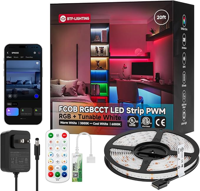 BTF-LIGHTING UL Listed RGBCCT COB LED Strip Light, DC24V 20FT RGB+Tunable White 3000K-6000K Color Changing LED Strip Light, with Remote/Bluetooth Music Controller for Home Party Indoor DIY Lighting by BTF-LIGHTING