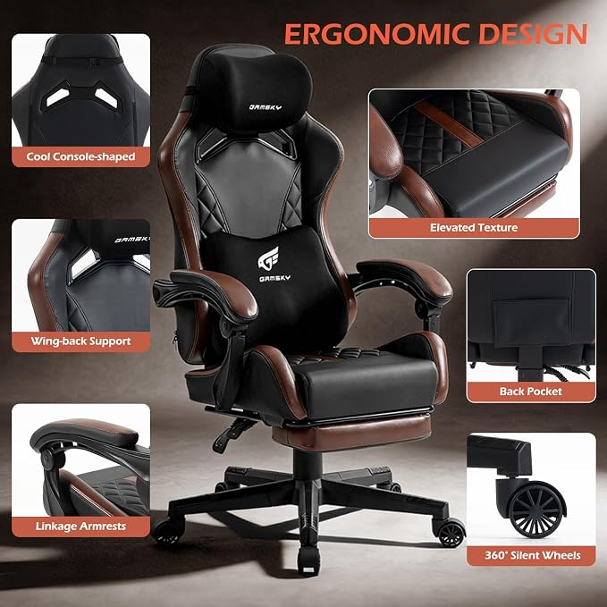 Ergonomic Gaming Chair for Adults with Footrest - PU Leather Computer Gamer Chair with Memory Foam Headrest & Lumbar Pillow, Reclining Silla Gamer Video Game Chair for Home Office, Black & Brown - Image 8