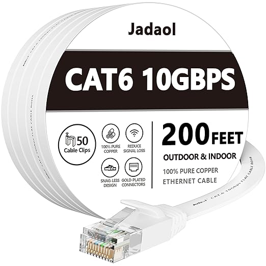 Jadaol Cat6 Ethernet Cable 200FT with Clips 10Gbps Flat Network Cable White by Jadaol