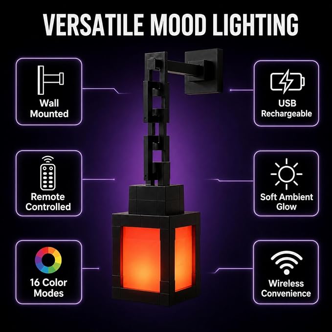 Pixelated Lantern RGB Night Light, 16 Color Rechargeable LED Wall Lamp with Remote, Secure Screw Mount, Block Style Hanging Lantern Decor for Game Room, Bedroom, Desk & Gaming Setup - Image 6