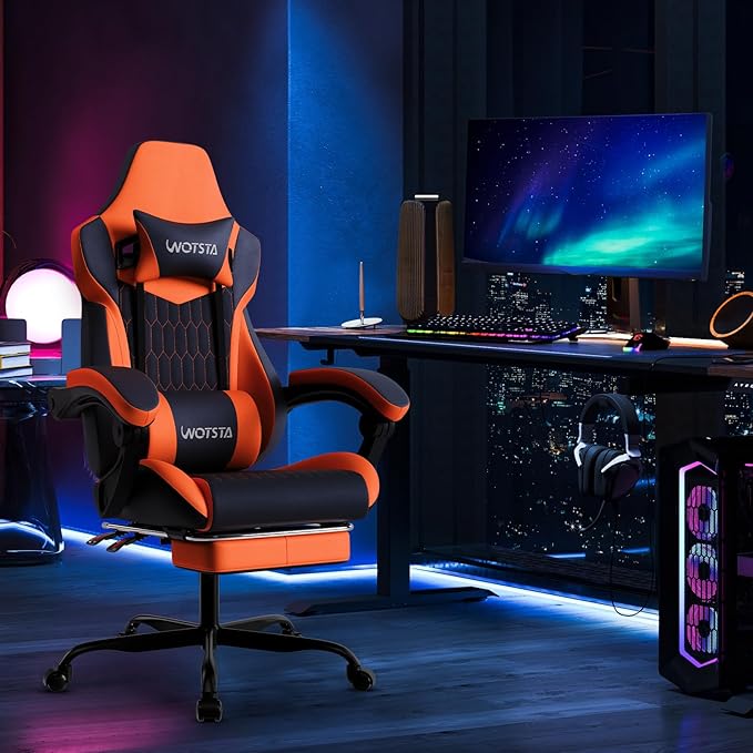 Gaming Chair with Footrest, High Back Gaming Chairs PVC Leather Ergonomic Gamer Chair with Adjustable Headrest Lumbar Support Racing Style Video Gaming Chair for Office/Home (Sky Orange) - Image 2