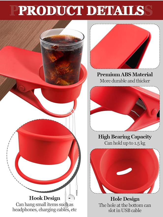 2PCS Clip on Cup Holder for Chair, Kalolary Desk Drink Holder Clamp, Red - Image 3