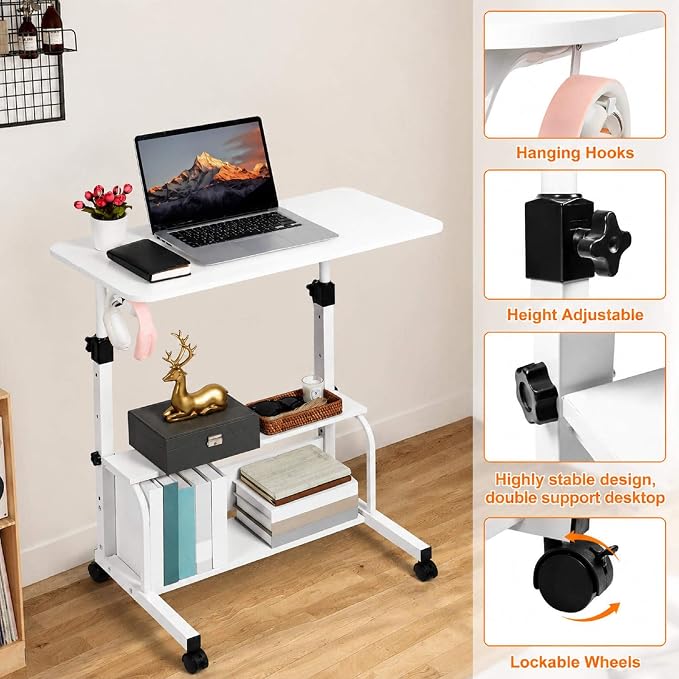 Adjustable Height Mobile Computer Desk,White Table for Home Office Bedroom - Image 3