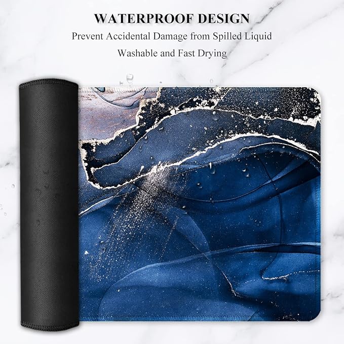 Auhoahsil Large Mouse Pad, XXL Desk Pad, Extened 35" x 15", Non-Slip Rubber Base, Stitched Edges, Superior Surface, Waterproof Keyboard Mat, Large Mousepad for Gamer, Office & Home, Ink Navy Marble - Image 6