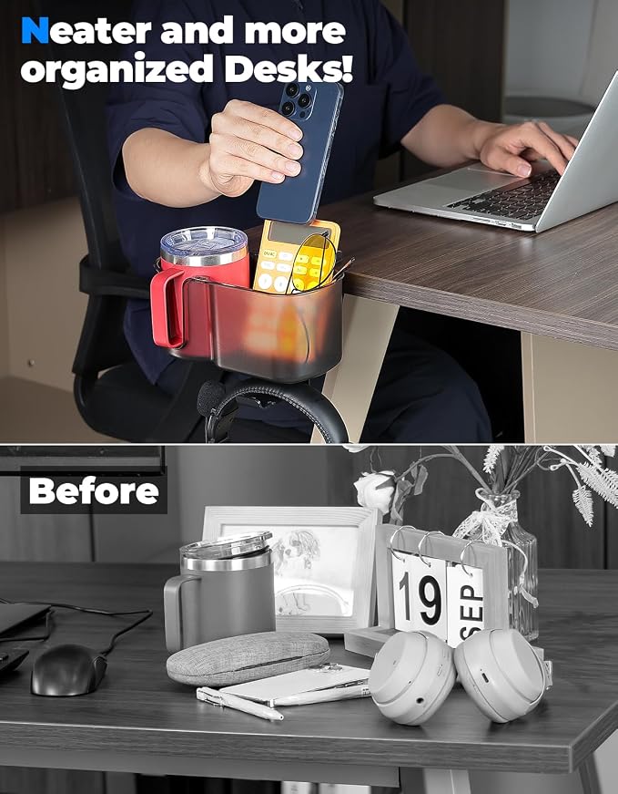 KEMIMOTO 3-in-1 Desk Cup Holder and Headphone Hanger, Fits 18-32 oz Cups - Image 6