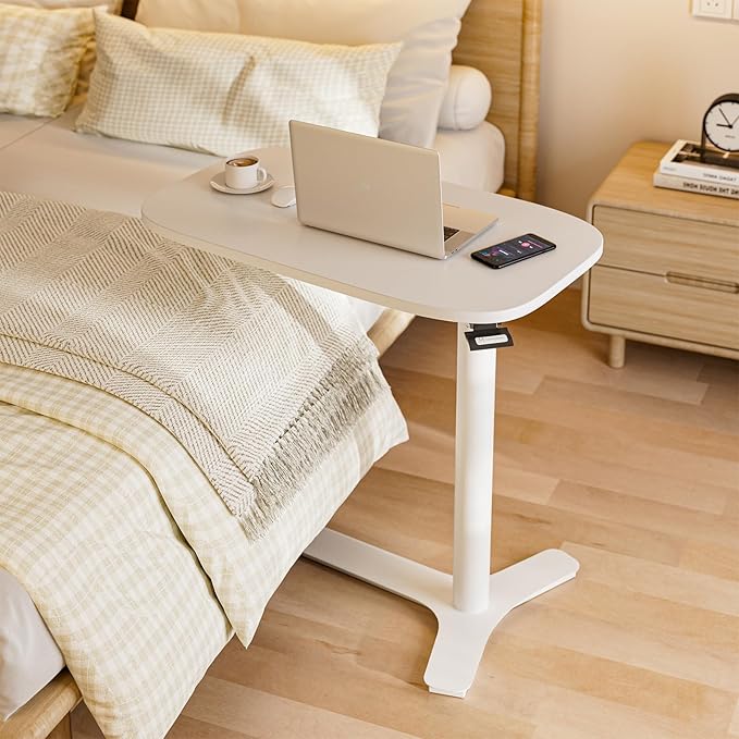 Muvai Overbed Bedside Table with Hidden Casters,30 Inches Adjustable Height Pneumatic Mobile Laptop Standing Desk, Rolling Computer Table for Home & Hospital Use ，White 30" W x 17.7" D - Image 2