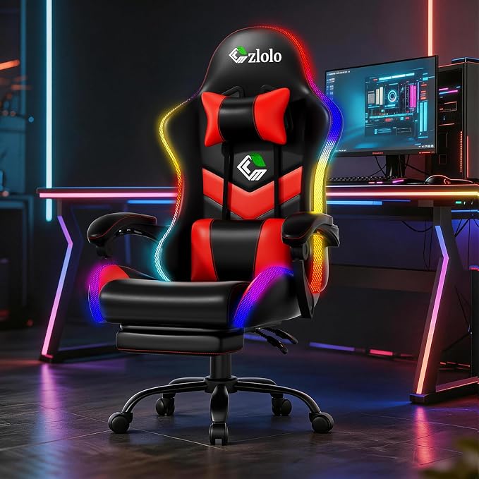 Czlolo Gaming Chair, RGB LED Lights Computer Chair with Footrest, Lumbar Support Massager Gamer Chair, High Back, 90-135° Reclining, Linkage Armrests, Crimson - Image 3