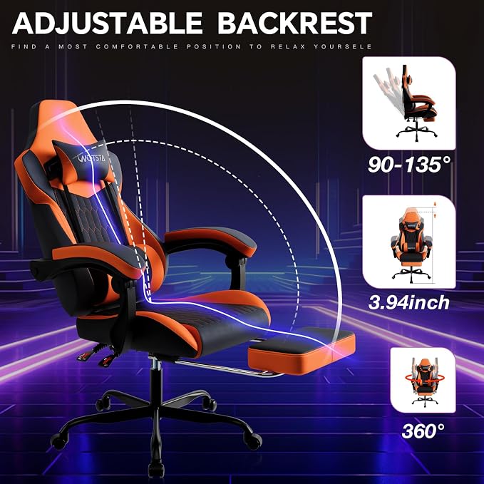 Gaming Chair with Footrest, High Back Gaming Chairs PVC Leather Ergonomic Gamer Chair with Adjustable Headrest Lumbar Support Racing Style Video Gaming Chair for Office/Home (Sky Orange) - Image 4