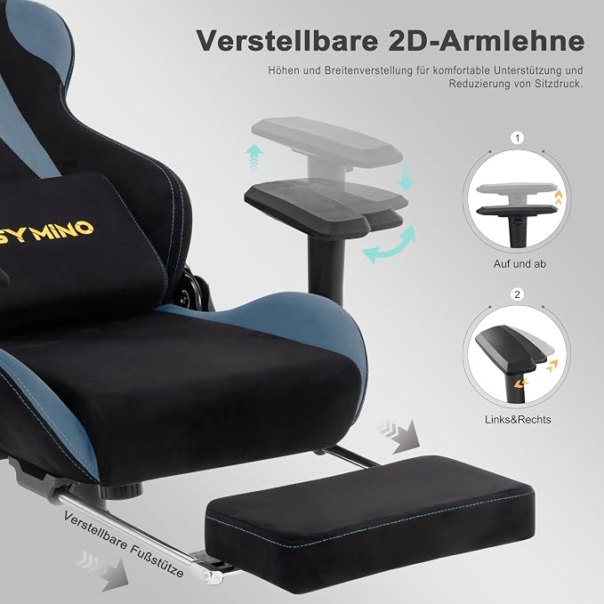 Symino Gaming Chair, High Back Ergonomic Office Chair with 2D Adjustable Armrests, 150° Recline, Breathable Faux Suede, Adjustable Headrest & Footrest for Home Office - Image 6