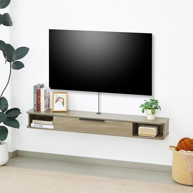 Floating TV Stand, 55" Wall Mounted TV Cabinet, Wood Media Console for TVs up to 65", Entertainment Center with Storage for Living Room, Under TVs Shelf for DVD Player, Wood Grain Grey - Image 9