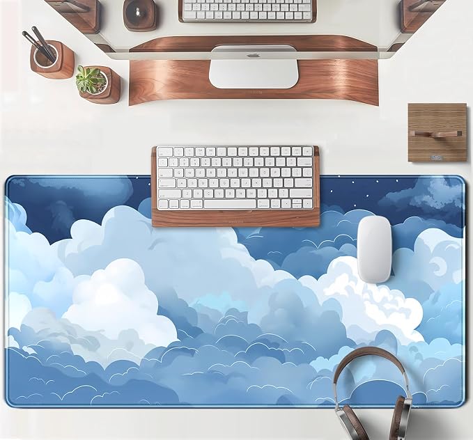 Aesthetic Blue and White Puffy Clouds Desk Mat, XXL Large Kawaii Blue Extended Gaming Mouse Pad with Stitched Edges, Cute Big Laptop Keyboard and Mouse Mat for Women Office Decor Mat 31.5x15.7 in - Image 4