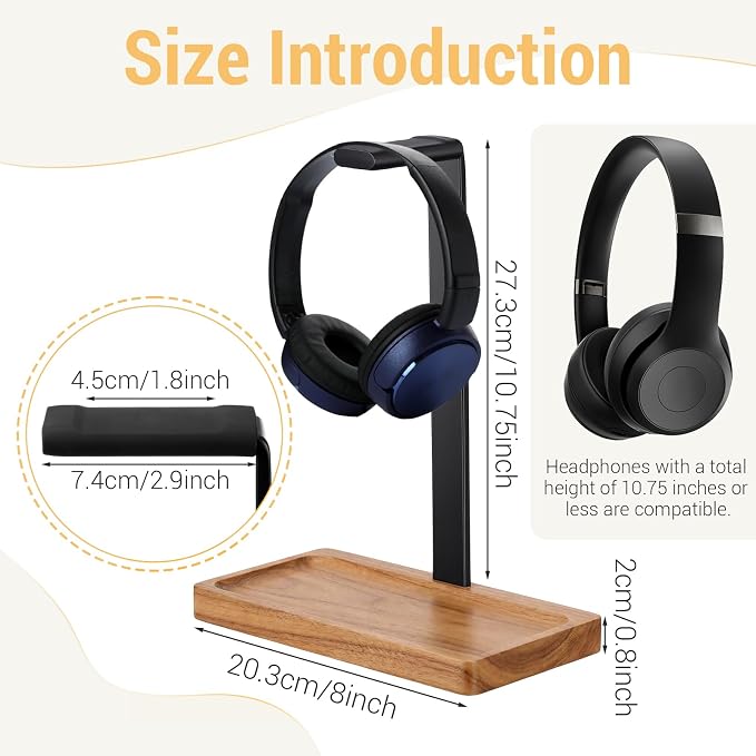 Wood Headphone Stand, Walnut Headset Stand for Desk, Universal Headphone Holder with Storage Base for Gaming, Music Headsets(Light Brown) - Image 2