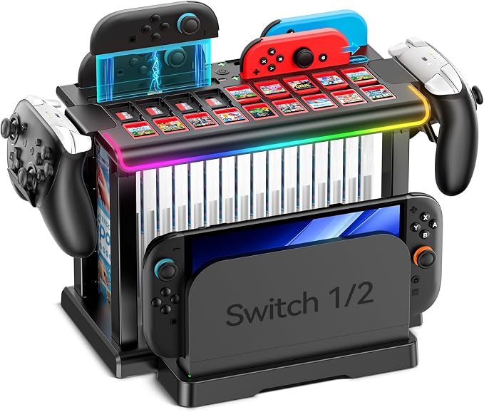 Switch 2/1/OLED RGB Organizer Station with Controller Charging Dock, Switch Storage Stand, Joycon 1/2 Charger, Gaming Accessories Holds TV Dock, 16 Game Cases, 18 Game Cards, and 2 Pro Controllers by Kytok