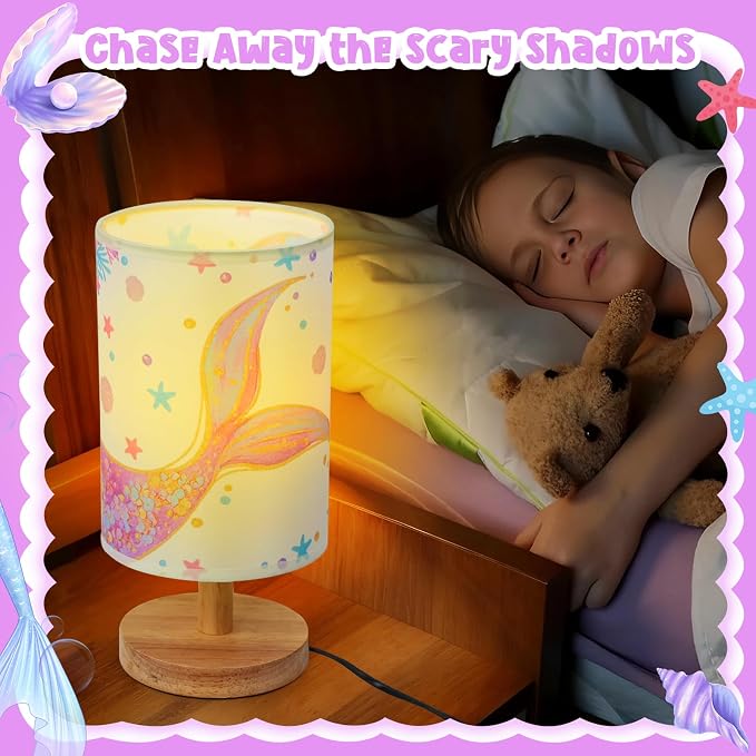 Mermaid Table Lamp for Kids Bedroom - Mermaid Tail Pastel Kids Bedside Lamp with Linen Wooden Nightstand Nursery Lampshade for Girls Room Decor - Image 3