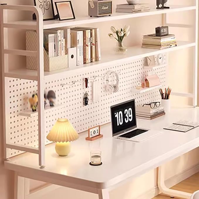 Peg Board, 2 Tier I Ndustrial Style Desktop Bookshelf， Pegboard Monitor Shelf, with 20 Hooks Modular Pegboard Shelf System for Home Office(White,75x20x68cm) - Image 2