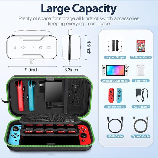 OIVO Switch OLED Carrying Case Compatible with Nintendo Switch & OLED, Portable Switch Travel Carry Case Fit for Joy-Con and Adapter, Hard Shell Protective Switch Pouch Bag with 20 Games, Green - Image 3