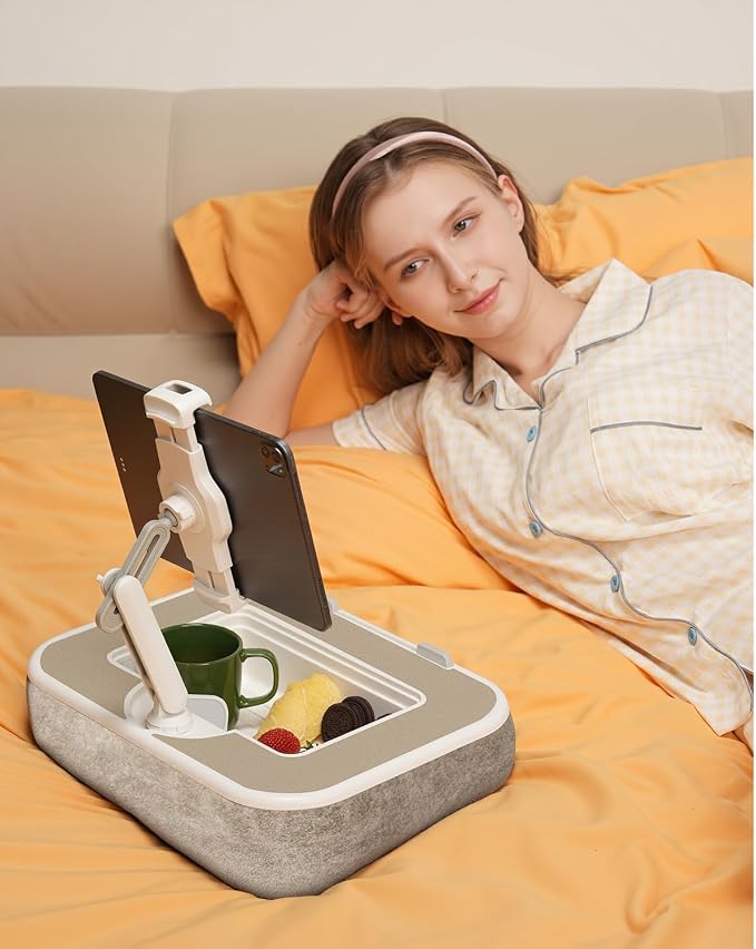 Viozon Kindle Pillow Stand Holder, Phone Holder for Bed, Laptop Lap Desk with Mouse Pad,Compatible with 4.7-13" Kindle/Tablet/Phone,10-15" Laptop, Snack Bowl&Cup Attachment&Detachable 360° Stand Arm - Image 8