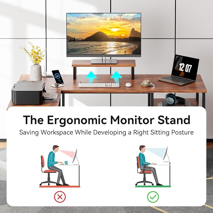 Furologee 50 Inch L Shaped Computer Desk with Power Outlet, Rustic Brown - Image 8