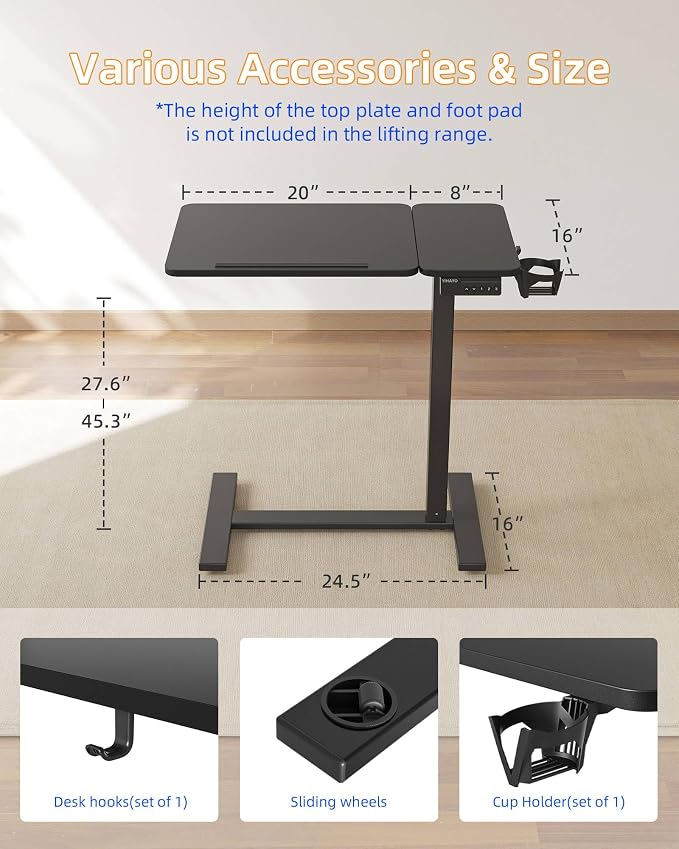 YIHAYO Adjustable Overbed Bedside Table with Wheels, 28 x 16 Inches Electric Mobile Standing Desk, Laptop Desk, Movable Overbed Tables Hospital Home Use, Black - Image 3