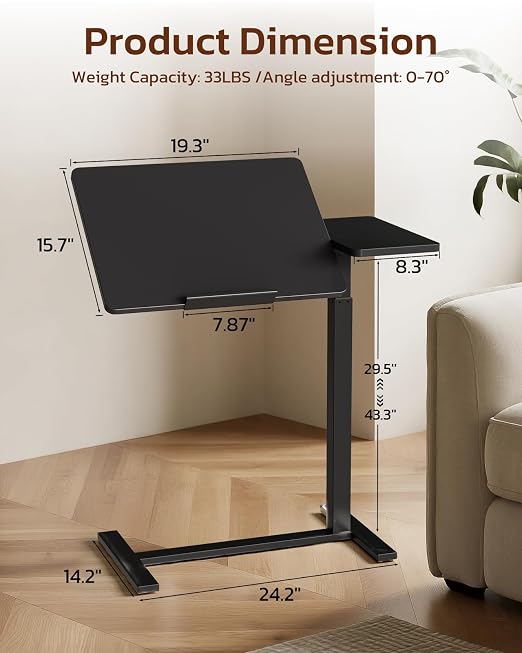 Simple Deluxe Standing Rolling Desk with Hidden Casters, Height Adjustable Pneumatic Mobile Laptop Desk, Tilting Bedside Table for Laptop, Overbed Bedside Table Hospital Home Use, Black - Image 3