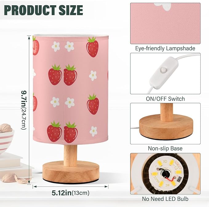 Bedside Table Lamp Cute Strawberry Florals Nightstand Lamp with Wood Fruits Flowers Pink Desk Lamps for Bedroom Living Room Nursery Office Home Decor - Image 3