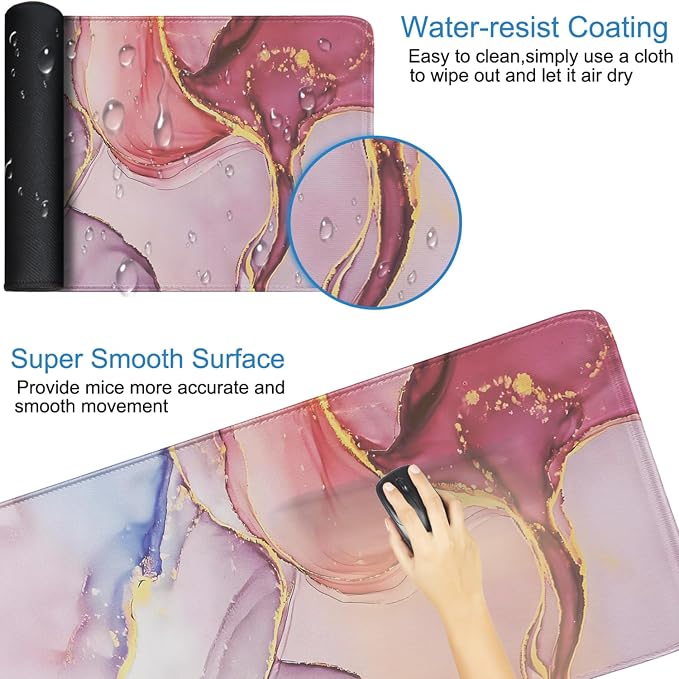 Extra Large Mouse Pad 31.5 x 11.8 in, Gaming Mousepad with Stitched Edges, Premium Microfiber Cloth Surface, Waterproof Non-Slip Base Keyboard Desk Mat for Home Office Gaming, Marble Pink - Image 3