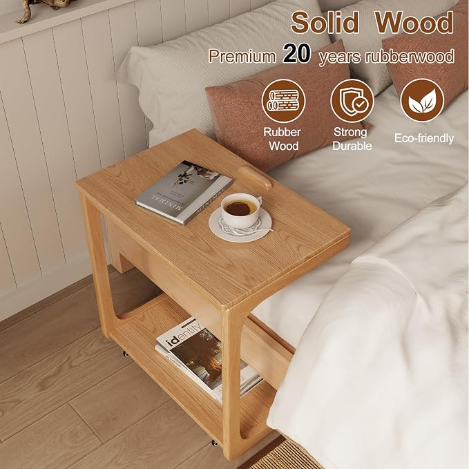 AQIMUELE Wooden C-Shaped End Table,Couch Table with Adjustable Desktop,Small Rolling Side Table with 2 Lockable Wheels 23.6" Width,Small End Table for Couch, Living Room,Bedroom (Natural) - Image 7