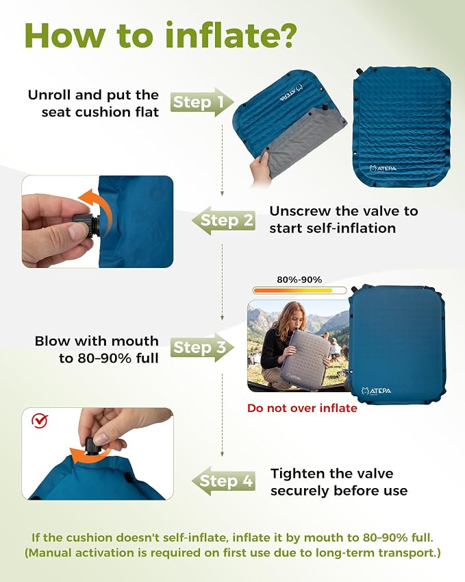 ATEPA Inflatable Seat Cushion | 2" & 2.5" Foam Core Seat Pad, Compact, Stadium, Airplane, Travel, Camping, Hiking, Sports Events, Self Inflating - Image 5