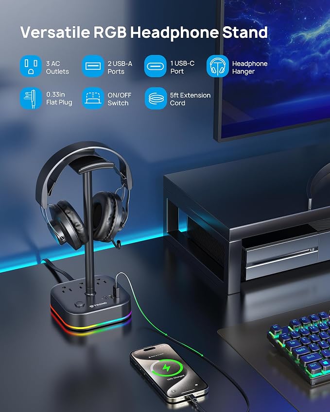 TROND Headphone Stand with USB C, Desk Gaming Headset Holder with 3 AC Outlets, 2 USB-A and 1 USB-C, Headset Stand with 5 RGB Light Modes, for Gaming Desk Accessories Gamer Boyfriend Gifts | 2 USB A and 1 USB C, Headset Stand with 5 RGB Light Modes, fo... - Image 2